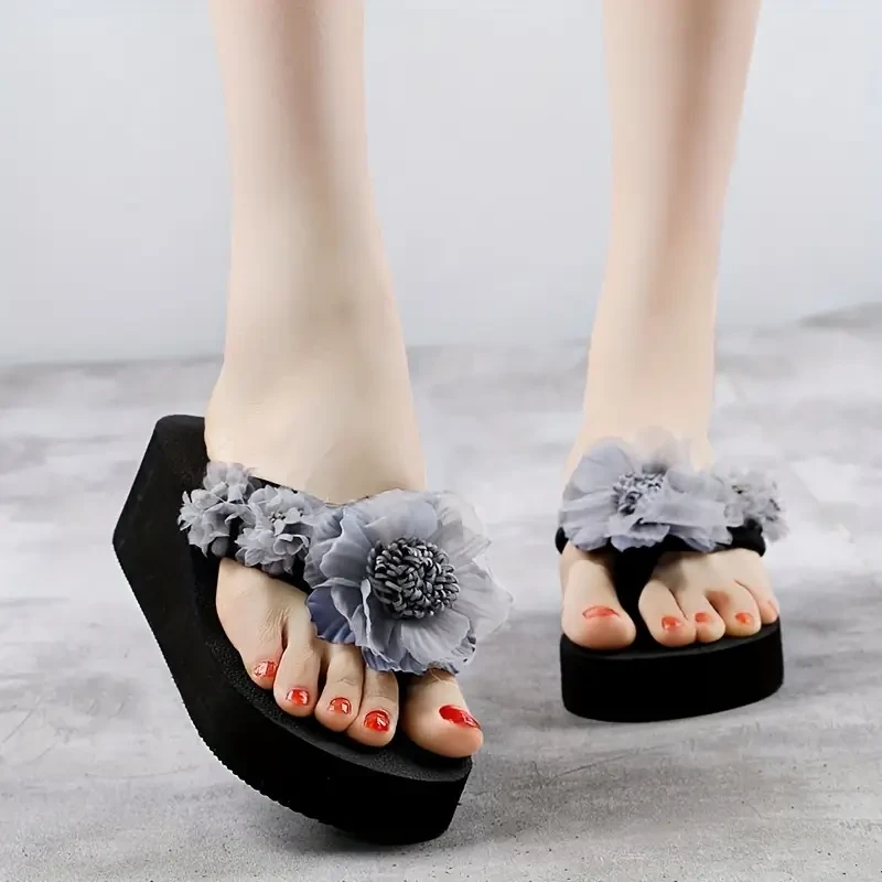 Women'S Floral Decor Wedge Sandals - Summer Beach Slip-On Shoes with Non-Slip EVA Sole, Comfortable Open Toe Design for Casual Wear, Strappy