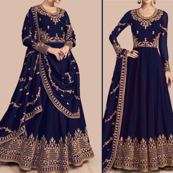 Ladies Chiffon Crincle Embroidered Frock Navy Blue (Unstitched) FL-13
