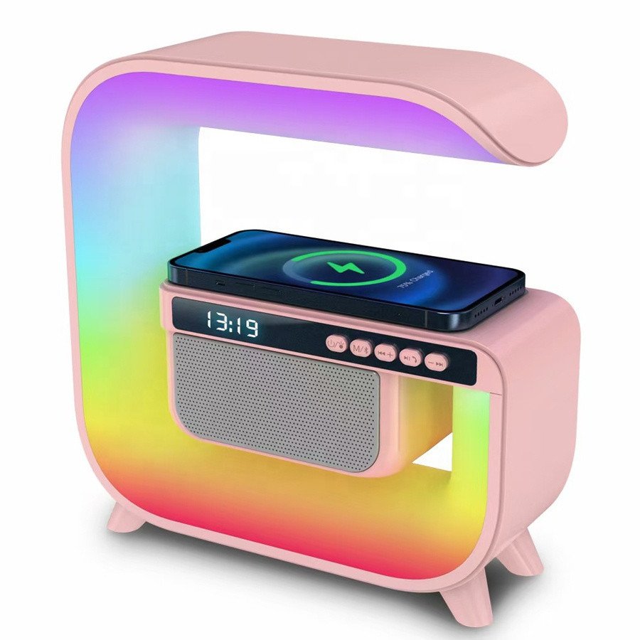 Hot Selling Smart Electronics G Shaped Multi Function Alarm Clock bluetooth Speaker Led Lamp Wireless Charger
