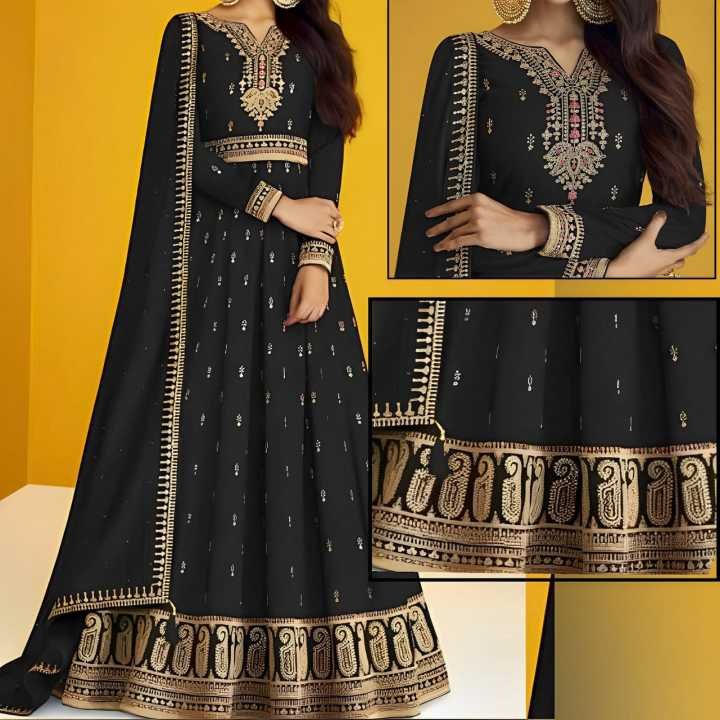 Ladies Chiffon Crinkle Embroidered Frock BLACK HS-194 (Unstitched)
