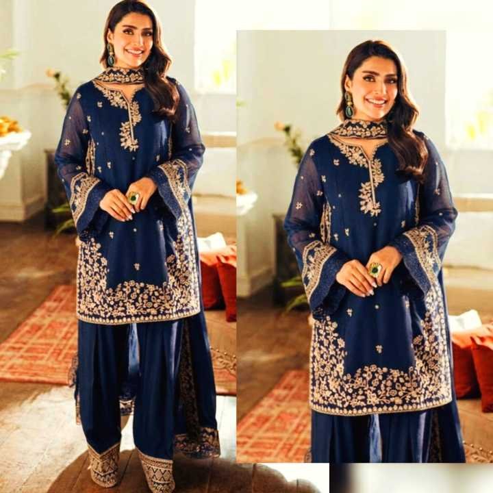 3Pc Embroidered Navy Blue Dress Unstitched Chiffon Suit Trending Farshi Shalwar For Women & Girls All Season Crinkle Chiffon Fabric Party Wear Formal Style Ladies dress