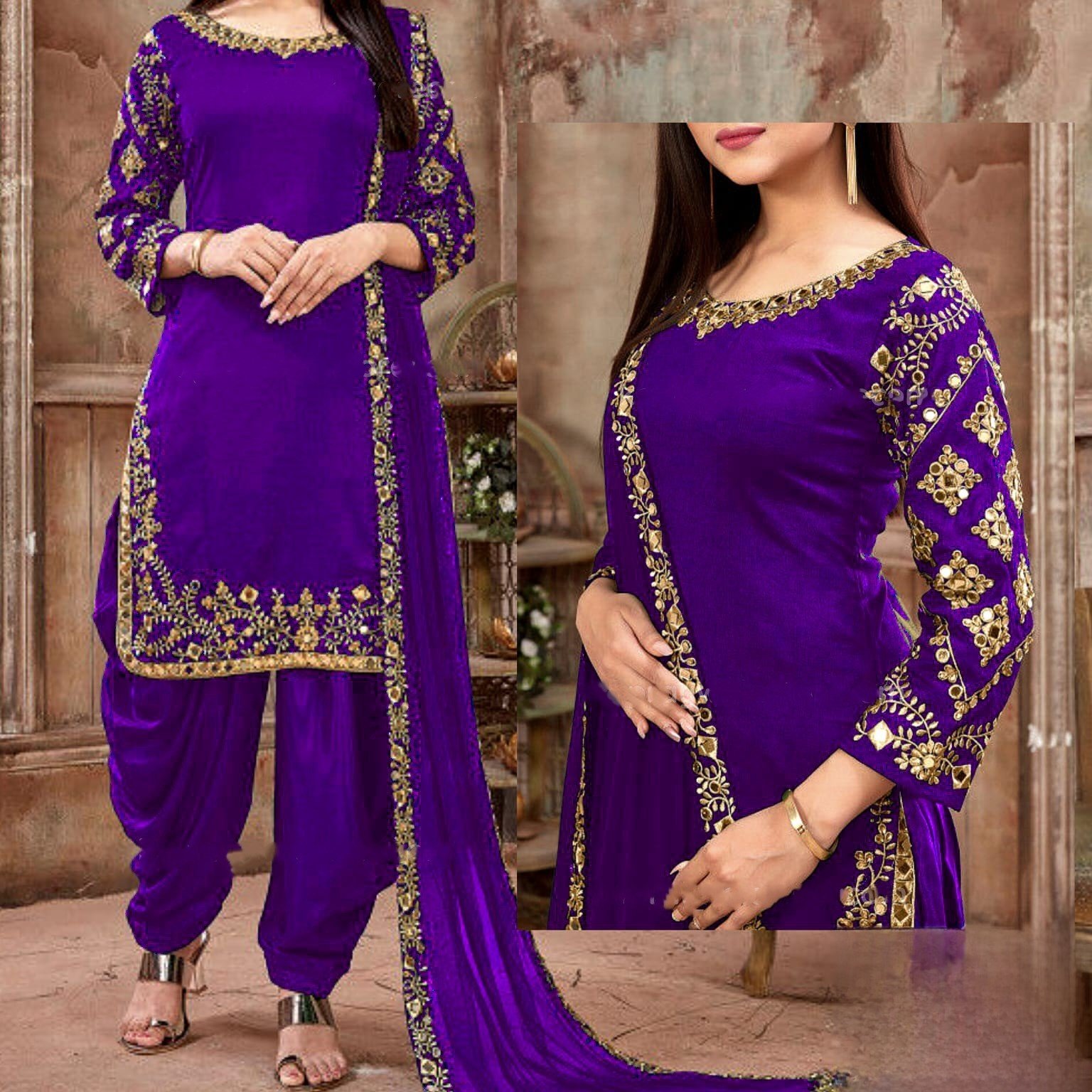 3Pc Purple & Gold Embroidered Traditional Chiffon Patiala Suit For Women's/Girls HS-06 Purple
