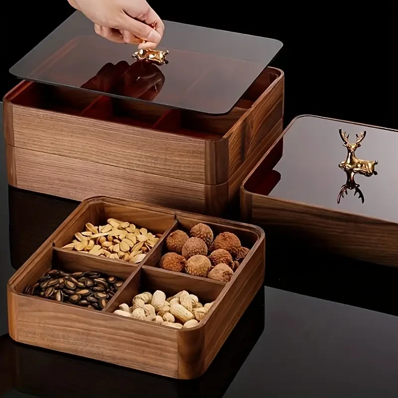 Solid Wood Fruit Box Home Use Divided Cover Dried Fruit Snack Storage Box