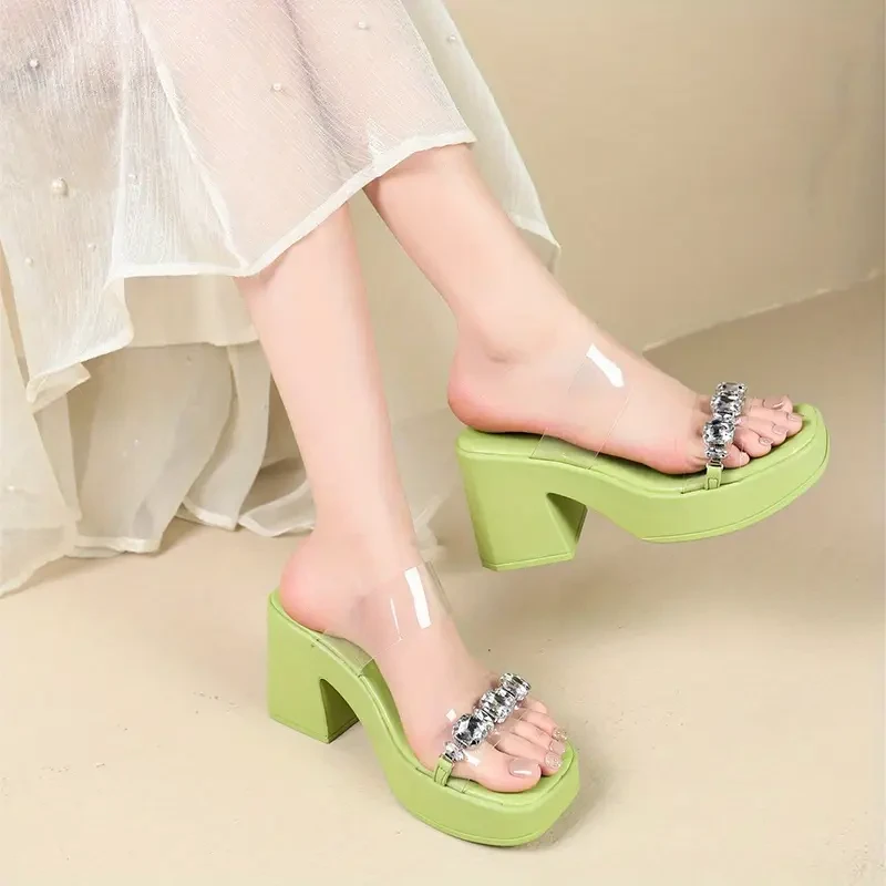 Women'S Summer Slide Sandals - French-Inspired Thick Sole, Open Toe with Ankle Strap, Faux Cover, Pink & Green with White Wedge Heels, Elegant Indoor/Outdoor Wear, Strappy Sandals