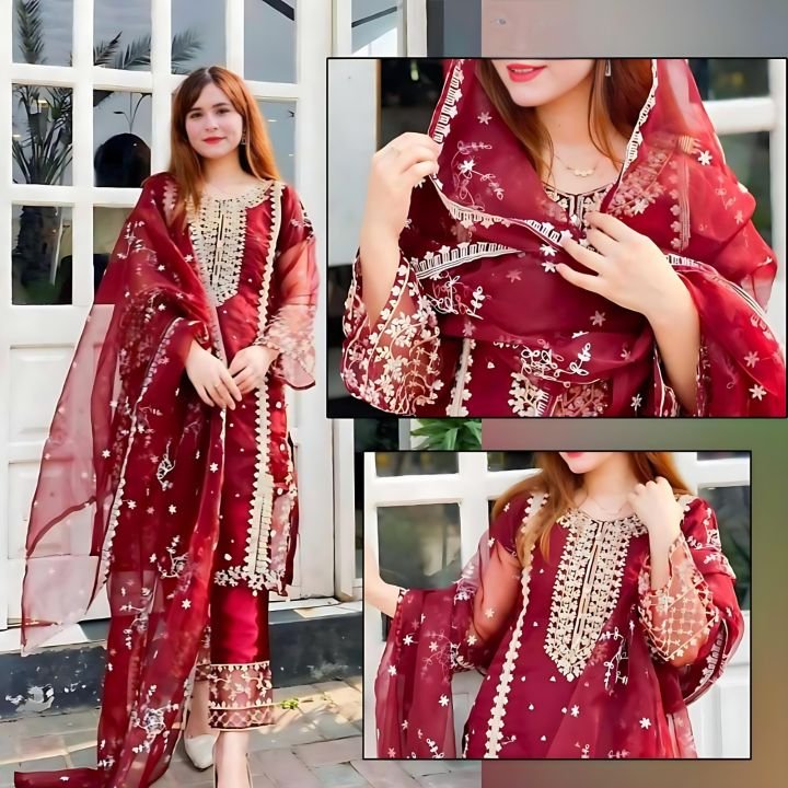 HS Fashion New White Organza 4 PC With Inner Unstitched Suit For Women - Unstitched Fabric For Women - Dress For Girls / Unstitched Suit For Girls / Fancy Suits / Fancy Dress For Women / Fancy Suits F