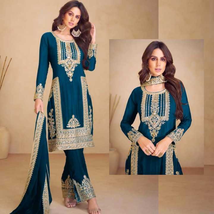 HS Fashion - 3 Piece Embroidered Traditional Unstitched Suit For Women / Unstitched Fabric For Women / Dress For Girls / Fancy Suit For Women & Girls / Purple & Golden, Blue & Golden, Black & Golden,