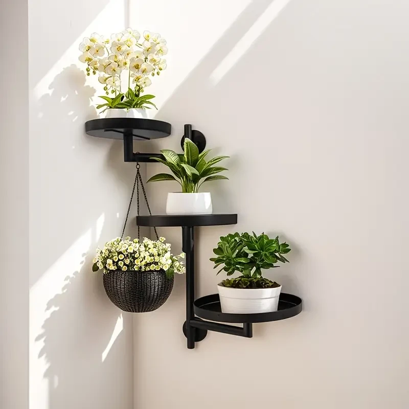 3-Tier Contemporary Iron Wall-Mounted Rotating Plant Stand - Space-Saving Multi-Tiered Storage Rack,