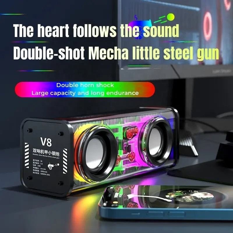 V8 Transparent Mecha Wireless Speaker Double Sound RGB Outdoor Light Portable Subwoofer Wireless BT Bass Audio Speaker