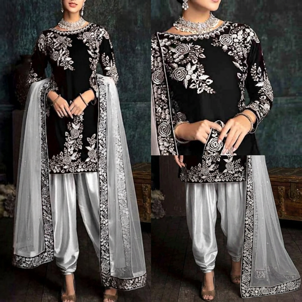 Hs Fashion Collection Girls Elegant Black Fully Embroidered Kurta Suit with Comfortable Silk Pants & Stylish Dupatta – Wedding Guest, Eid & Party Wear Outfit party Wear