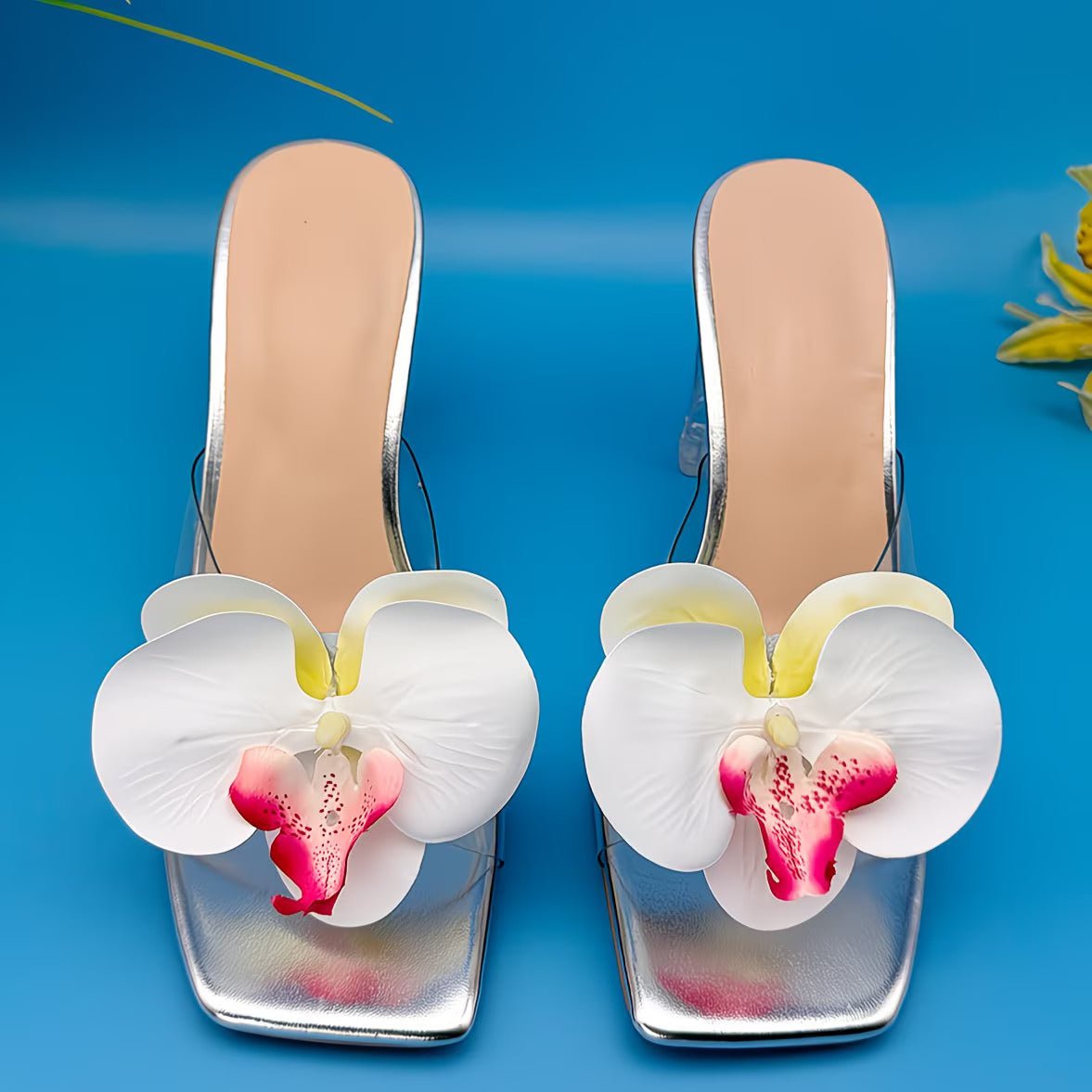 Floral Orchid Heels with FREE Flower Clip – White | Sky Blue | Pink (Sizes 37–41)