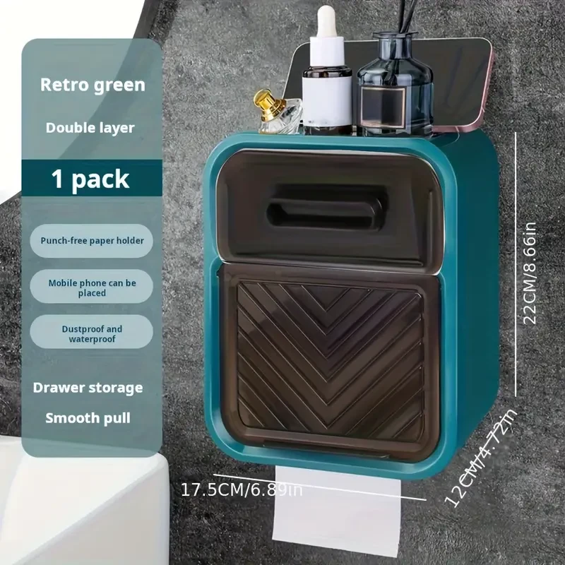 1pc Toilet Paper Holder, Double-Layer Large Capacity Tissue Storage Box, Wall-Mounted Bathroom Tissue Box