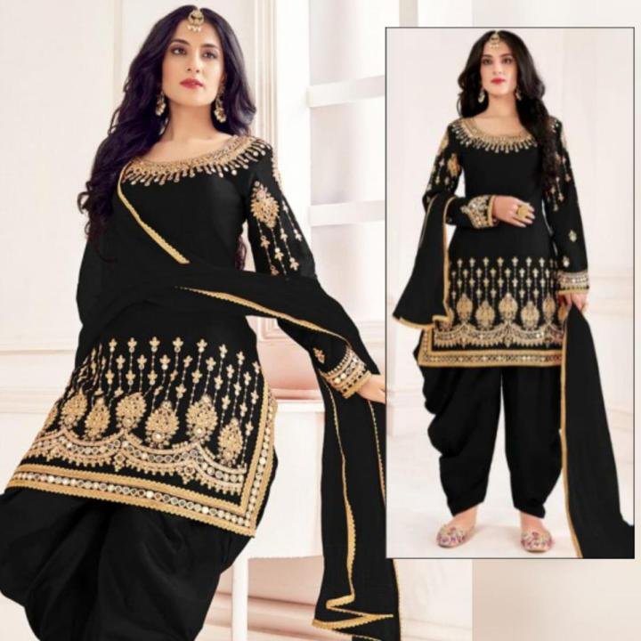 3Pc Black & Gold Embroidered Traditional Chiffon Pattyala Suit For Women's/Girls HS-0 Black