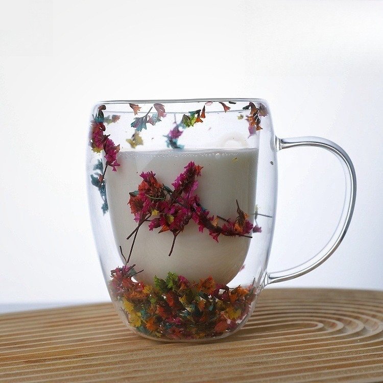 Creative Double-Layer Glass Cup with Heat-Resistant User-Designed Handle for Coffee Milk Dry Flowers Marshmallow Filling