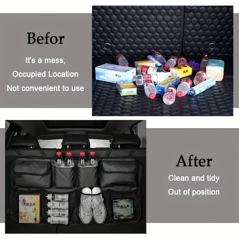 1pc Durable Oxford Trunk Organizer with 4 Reinforced Pockets, 3D Adjustable Straps – Multi-Scene Storage for Car Use