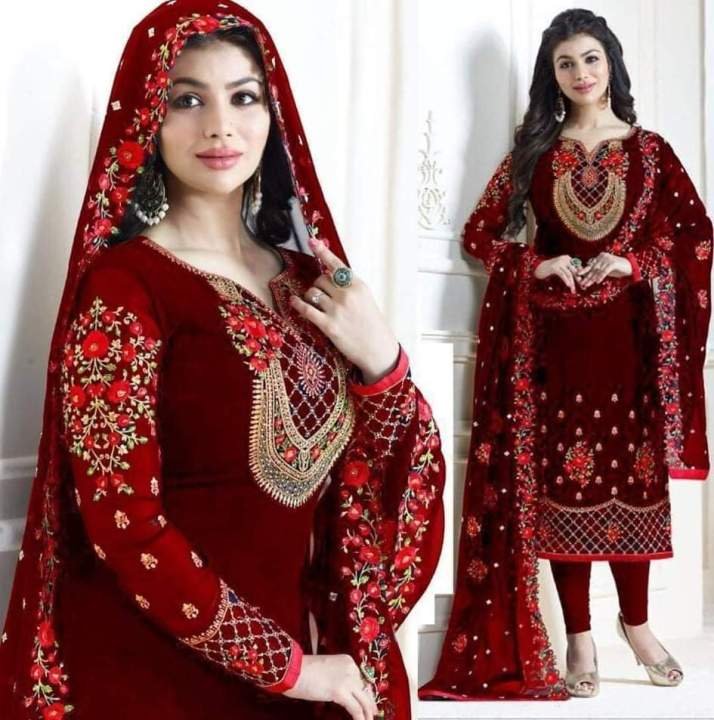 Ladies Dress Chiffon Crinkle Embroidered New Maroon Shalwar Kameez HS-NM (Unstitched)