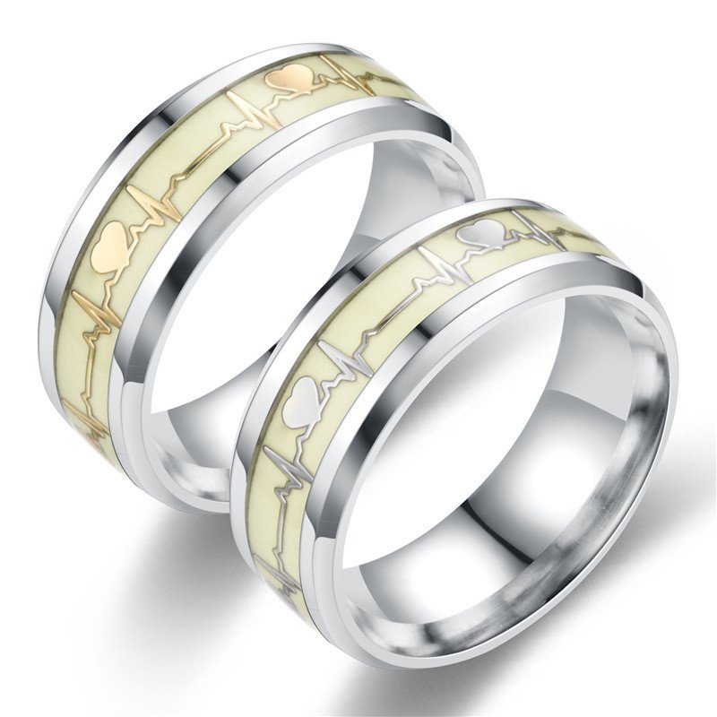 heart-shaped stainless steel women's luminous electrocardiogram couple ring men's fashion jewelry