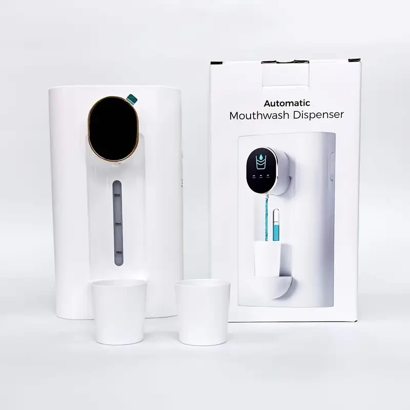 White Smart Mouthwash Dispenser, Automatic Mouthwash Machine, Wall-Mounted, Rechargeable with 2 Cups