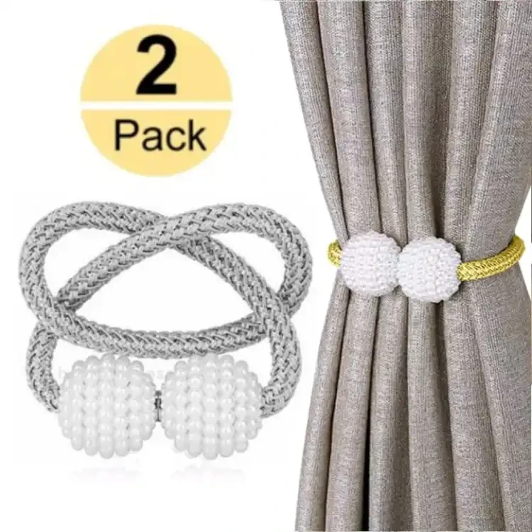 2 PCS Magnetic Pearl Curtain Buckle Magnetic Curtain Tiebacks Convenient Drape Tie European Style Decorative Weave Rope Curtain Rings & Buckles Holder for Window Sheer Blackout Draperies, Braided Stra