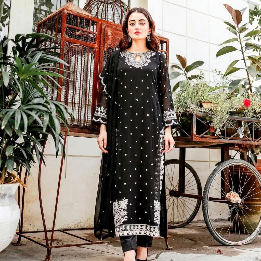 HS Fashion - 3 Piece Embroidered Traditional Unstitched Suit For Women / Unstitched Fabric For Women / Dress For Girls / Fancy Suit For Women & Girls / Chiffon Suit & Dupatta - Ladies Chiffon Crinkle