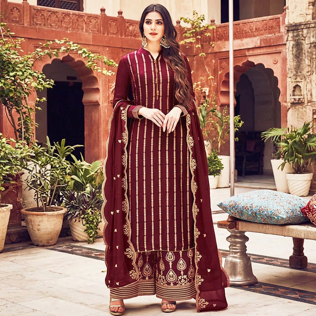 Ladies Maroon Embroidered Dress Chiffon Crinkle Plazo Trouser FL-67 (Unstitched)
