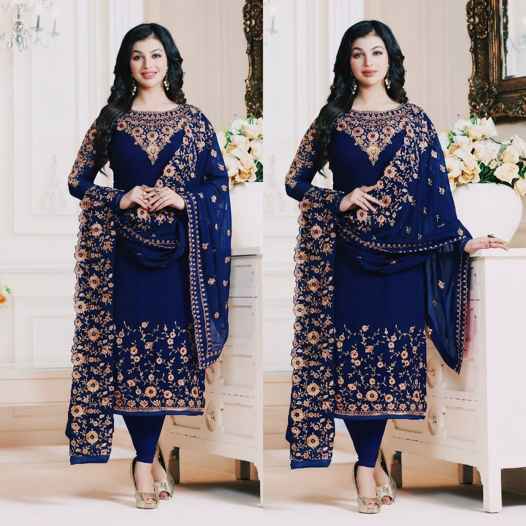 Women Chiffon Navy Blue Crincles Shalwar Kameez FL-101 (Unstitched)