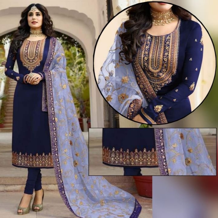 Girls Dress Embroidered Navy Sky Dress Unstitched Chiffon Suit For Women & Bra For Girls All Season Crinkle Chiffon Fabric Party Wear Formal Style Ladies dress 3Pc Girls Accessories