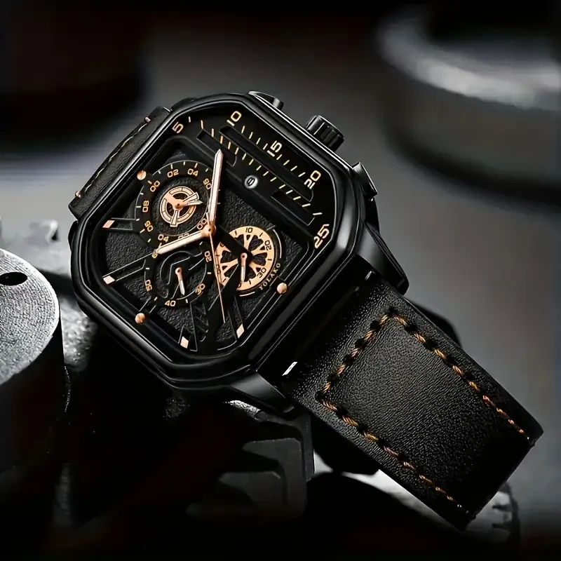 1pc Men'S Vintage Sports Chronograph Watch - Large Square Dial, Faux Leather Strap, Quartz Movement
