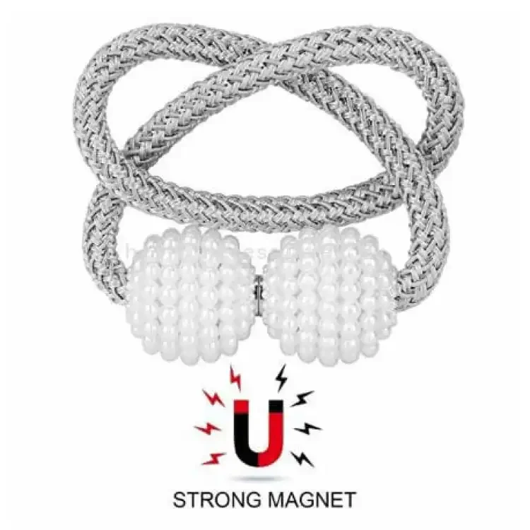 2 PCS Magnetic Pearl Curtain Buckle Magnetic Curtain Tiebacks Convenient Drape Tie European Style Decorative Weave Rope Curtain Rings & Buckles Holder for Window Sheer Blackout Draperies, Braided Stra
