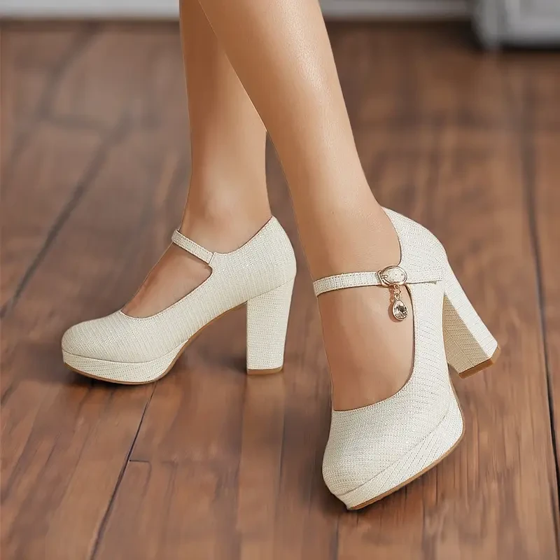 Fashionable White High Heels Round Head Thick Sole Women's Thick Heels Shiny Women's Single Shoes